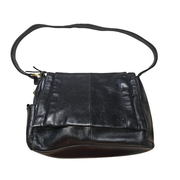 Rolfs Black Leather Shoulder Bag Satchel with Brushed Gold Charm and hang tag. - Picture 1 of 11